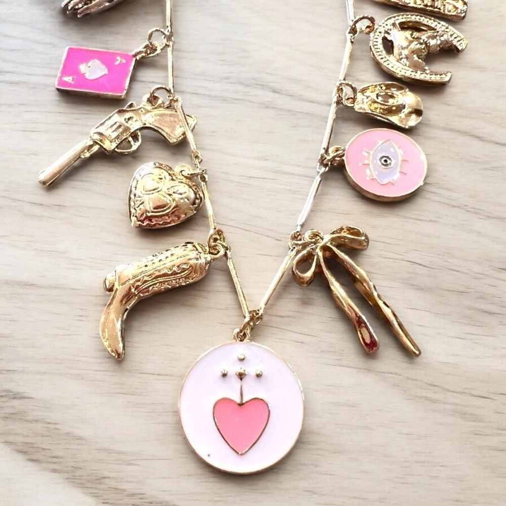 Country Cowgirl themed Pink and Gold toned Charm Necklace Protection Eye